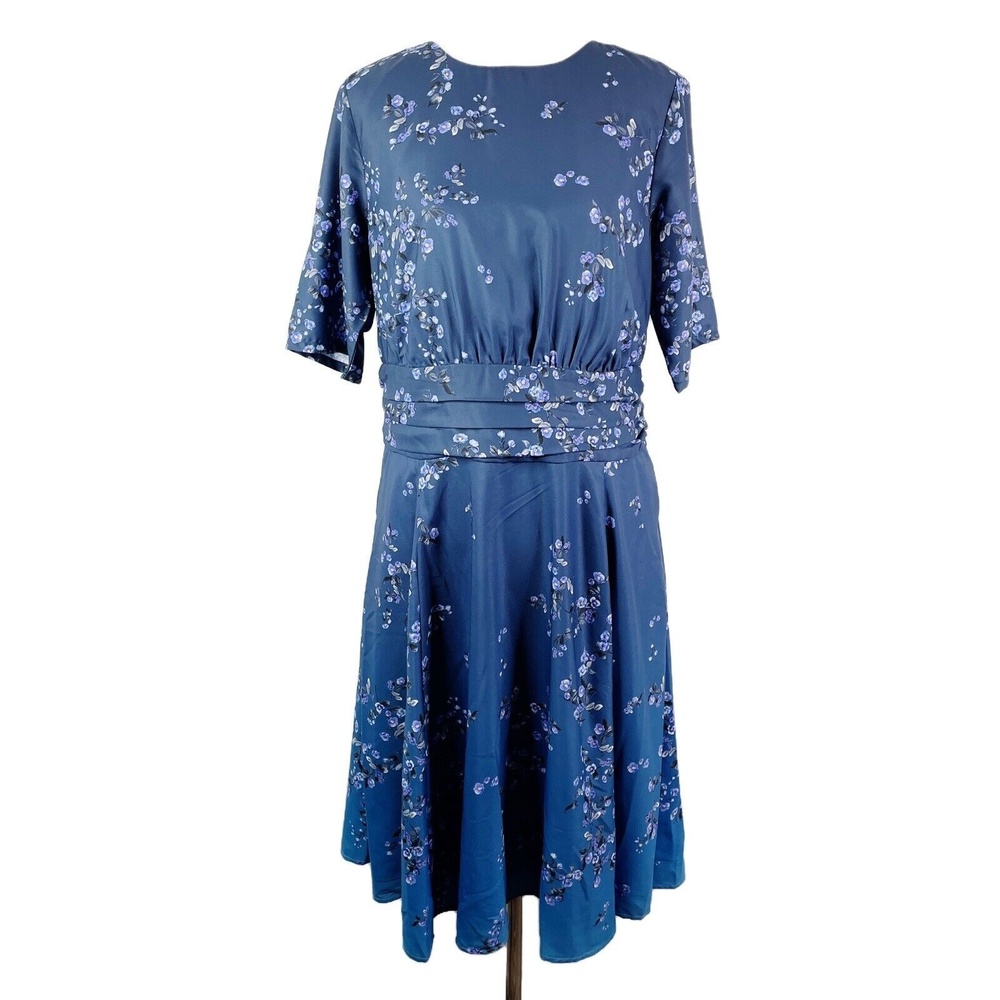 Eshakti Dress Size 16 XL Blue Floral Half Sleeve Ombre Fit Flare Lined Zip